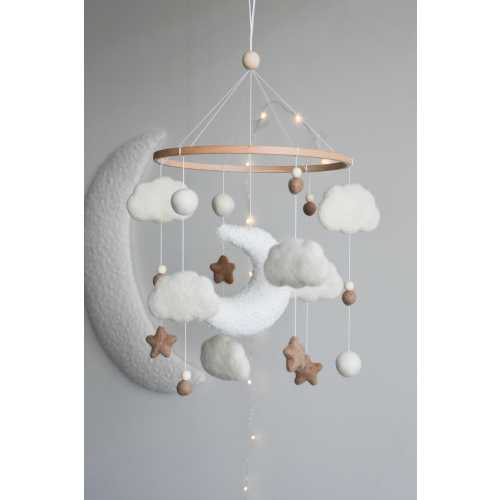 Personalized boucle clouds and moon baby nursery mobile, neutral baby mobile, Baby shower gift, boucle baby mobile Stars baby mobile Mobile
