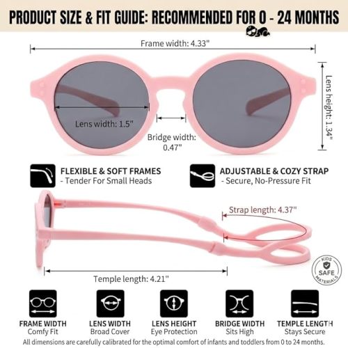 COASION Baby Polarized Sunglasses with Strap Adjustable TPEE Flexible Frame for Toddler Girls Boys Age 0-12 Months (Pink)