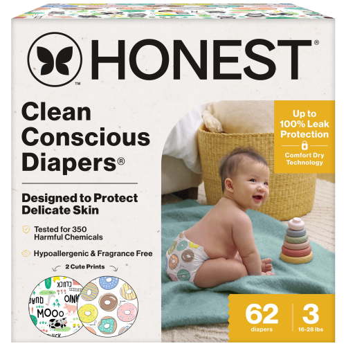 The Honest Company Clean Conscious Diapers Up to 100% Leak Protection Designed to Protect Delicate Skin Hypoallergenic + Fragrance Free Donut Grow Up+ Barnyard Babes, Size 3, Club Box 62 ct