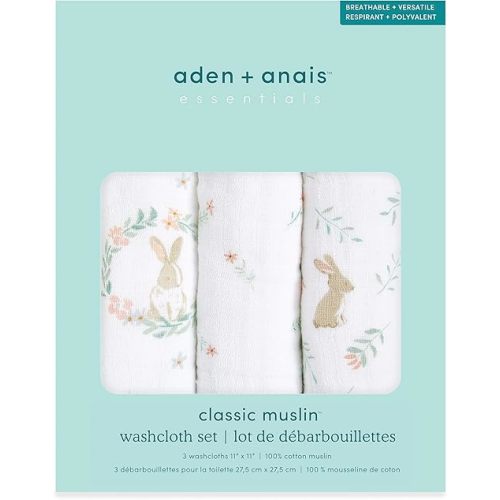 aden + anais Essentials Classic Washcloth Set, Super Soft 100% Cotton Muslin, 3-Pack, Blushing Bunnies