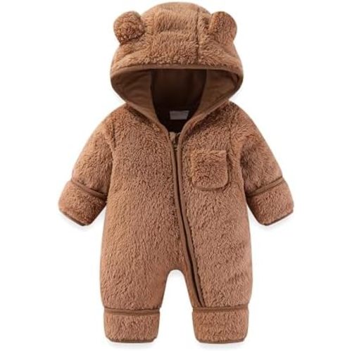 Newborn Baby Bear Outfit With Fold-Over Mittens and Footies Girls Boys Winter Fleece Clothes Hooded Romper Snowsuit