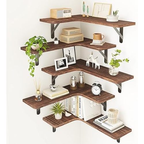 Fixwal Corner Floating Shelves, Rustic Wood Wall Shelves for Bathroom, Kitchen, Bedroom or Living Room (Dark Carbonized Black)
