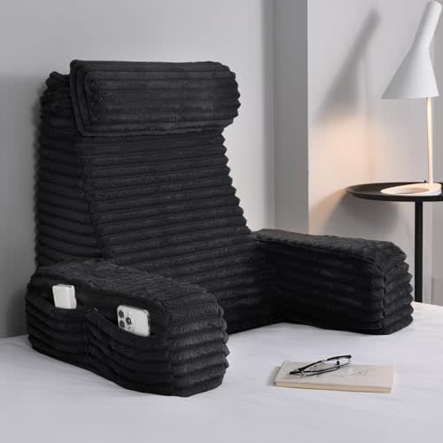 ENITYA 22" XL Back Pillow for Bed Sitting Up with Armrests & Big Pockets | Ergonomic Support Pillow for Reclining,Gaming,Resting,Watching TV,Recovery in Bed,Couch or Floor,Removable Cover, Black