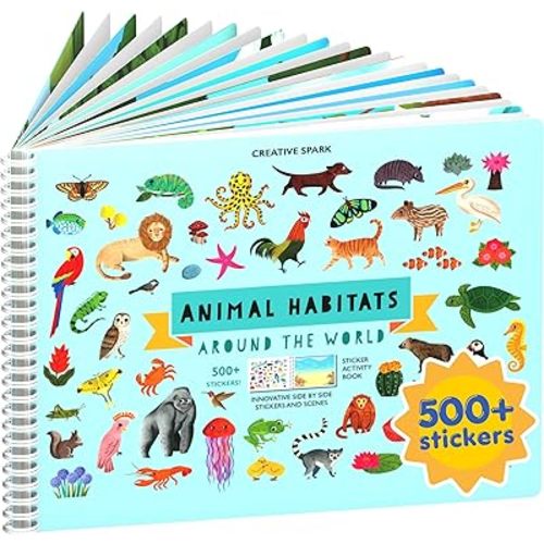 Animals Habitat 500+ Kids Sticker Book by Cupkin Toddler Airplane Travel Activity Coloring and Sticker Book, Road Trip Essentials, 12 Coloring Pages + 12 Scenes for Ages 2–8 Years
