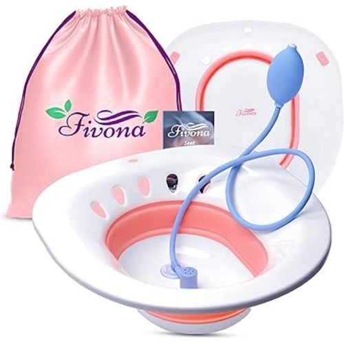 Fivona Sitz Bath for Toilet Seat with Massage Hand Flusher; Postpartum Care and Hemorrhoid Treatment; BPA Free Yoni Steaming Kit; Perfect for Perineal Soak and Portable Bidet