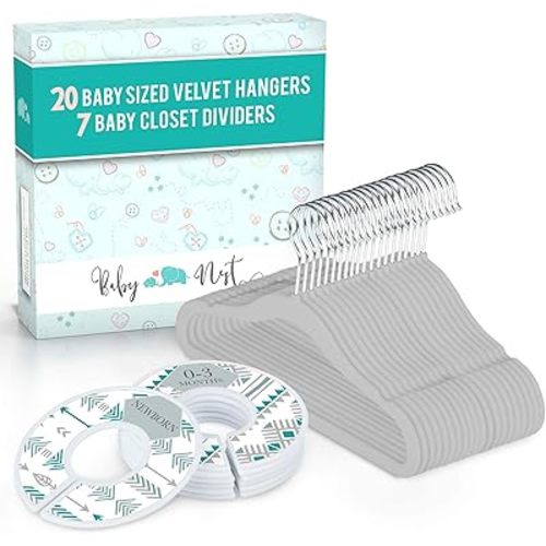 Baby Nest Designs 20x Baby Hangers for Closet with 7X Baby Closet Dividers for Nursery Velvet Baby Clothes Hangers Unisex Newborn Essentials Baby Size Organizer for Infant Clothing to 24 Months