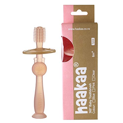 Haakaa 360 Baby Toothbrush with Suction Base Infant Silicone Toothbrush Teethers for Babies Teething Toys,1pc (Pink)