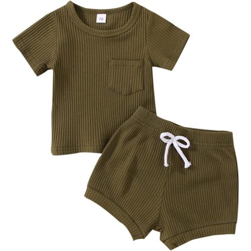 Arvbitana Unisex Toddler Baby Boy Girl Summer Clothes Short Sleeve T-Shirt Tops+Short Pants Ribbed Two Piece Solid Outfit Set - I-army Green - 0-3 Months