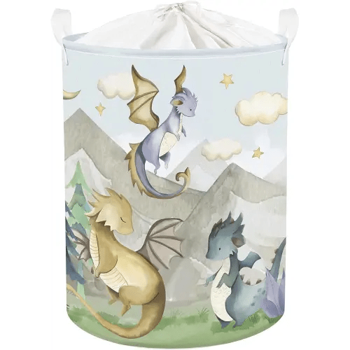 Clastyle 45L Kids Cute Dragon Nursery Hamper Mountain Tree Dirty Clothes Collapsible Laundry Basket Round Cloud Toys Storage Basket with Drawstring