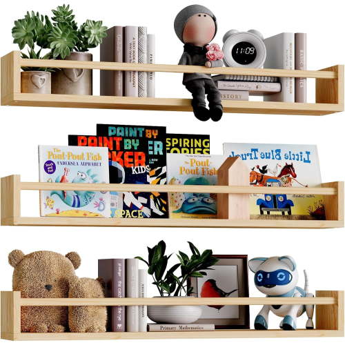 Nursery Book Shelves, 23.6 Inch Floating Bookshelves for Wall Set of 3, Baby Nursery Decor, Solid Wood Wall Mounted Shelves for Books, Toys and Decor Storage (Natural Wood)