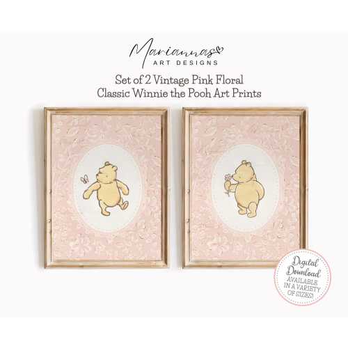Winnie the Pooh Nursery Decor Classic Winnie the Pooh Prints Vintage Floral Pink Girls Room Prints Set of 2 Pooh Bear PRINTABLE Wall Art