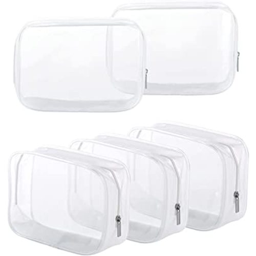 5 Pack Clear Plastic Zippered Toiletry Carry Pouch TSA Approved Toiletry Bag Portable Cosmetic Makeup Bag for Vacation, Bathroom and Organizing (White, Large)