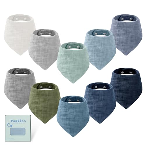 Yoofoss Muslin Baby Bibs 10 Pack Bandana Bibs 100% Cotton 6-Layer Soft Absorbent Drool Bibs for Boys and Girls, Gradient Blue