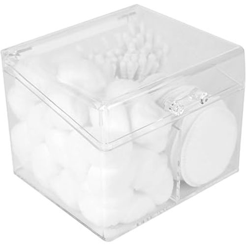 Cotton Swab Holder Dispenser with Lid, Square Plastic Box with 2 Compartments for Cotton Ball, Cotton Pads, Floss, Clear Container for Vanity Bathroom Organizer Storage