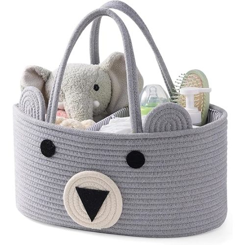 Baby Diaper Caddy Organizer, Large Bear Cotton Rope Nursery Baby Shower Gifts, Changing Basket Table Baby Diaper Storage Portable Car Organizer, Baby Newborn Essentials-Gray