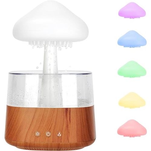 Rain Cloud Humidifier Water Drip with Adjustable LED Lights White Noise Humidification Desk Fountain Bedside Sleeping Relaxing Mood (Wood)