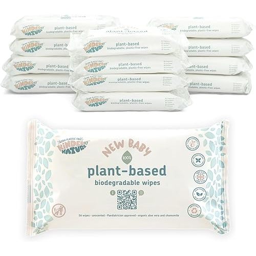 Kinder by Nature Plant Based Baby Wipes - 100% Biodegradable & Compostable, 672 Count (12 Packs of 56) - 99% Plant-Based Ingredients, Plastic-Free Wipes