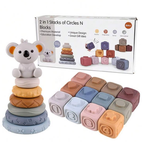 Baby Cognitive Toys - Soft Rubber Blocks With Numbers, Colors, Shapes; Animal Bowling Balls, Rainbow Rings, 6-Layer Stacking Toys; Teething Toys With Sounds