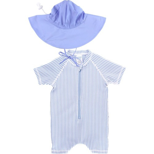 Baby Seersucker One-Piece Swimsuit & Sun Hat Set, 6-12M, Periwinkle