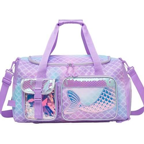 Mermaid Kids Gym Bag for Girls Duffle Bag for Travel Kids Travel Bag Overnight Bag for Girls Dance Bag for Girls Weekender Bag with Shoe Compartment