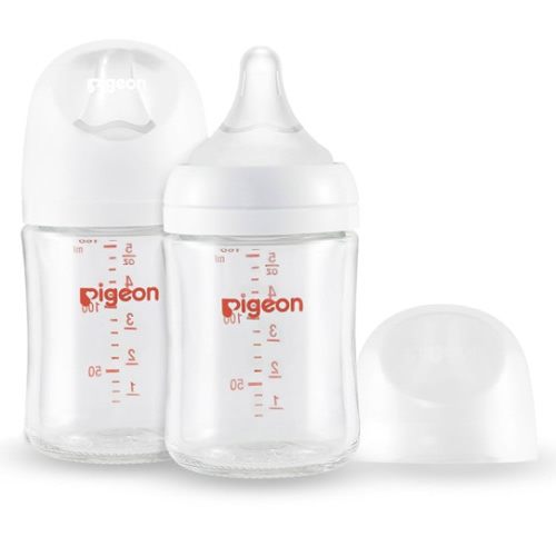 Pigeon Glass Nursing Bottle Wide Neck, Anti-Colic, Streamlined Body, Natural Feel, Easy to Clean, Heat-Resistant, 5.4 Oz(Pack of 2), Includes 2pcs SS Nipples (0m+)