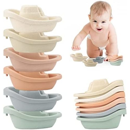 YTFU Stacking Boats Bathing Toys, Stacking Cup Neutral Bath Toys for Baby, Stackable Nesting Cups Learning Toy for Toddlers, Pool Toys Beach Toys Eco-Friendly Wheat Straw Bath Boat for Kids, 6 Pack