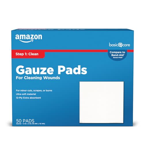 Amazon Basic Care Gauze Pads, 3x3 inches Sterile Medical Wound Dressing Sponges, 12-Ply, Ultra Soft, Extra Absorbent, 50 Count, 1-Pack (Previously All Health)