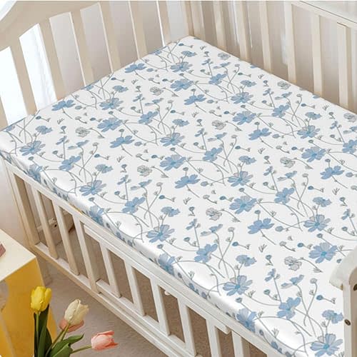 Floral Themed Fitted Crib Sheet,Standard Crib Mattress Fitted Sheet Soft & Stretchy Fitted Crib Sheet - Great for Boy or Girl Room or Nursery,28“ x52“,White and Sea Blue