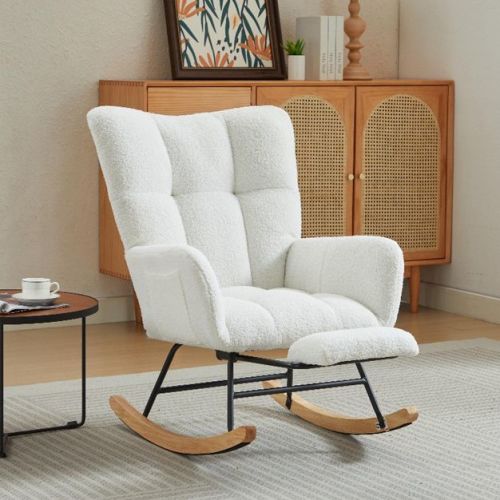 Modern Nursery Rocking Chair with Footrest, Corduroy Upholstered Glider Chair with High Backrest & Solid Wood Legs, White - ModernLuxe