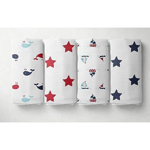Bacati Set of 4 Little Sailor Muslin Swaddling Blankets, Blue/Red