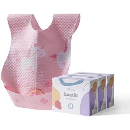 SUNVENO Disposable Baby Bibs with Crumb Catcher Pocket, Leakproof Liner, Adjustable Adhesive Tabs, Individually Wrapped