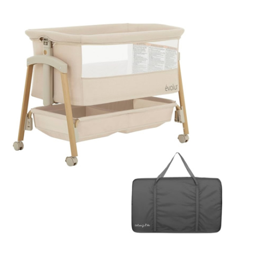 Evolur Lullaby Bedside Bassinet with Wheels, Seven Adjustable Heights, Breathable Mesh Sides Baby Bassinet, Large Storage Basket, Easy to Fold and Carry Travel Bassinet - Travel Bag Included