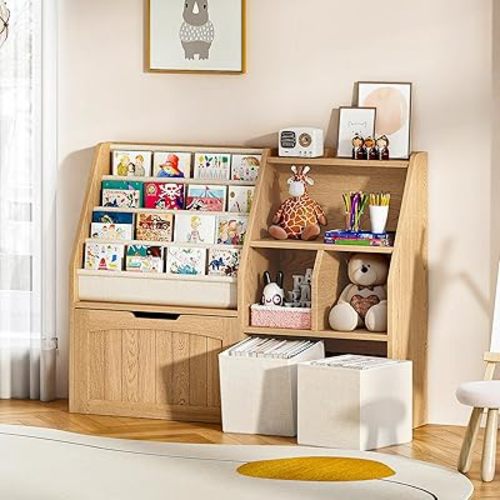 CHOEZON Kids Bookshelf, Children's Bookcase with 4 Sling Book Shelves, Toy Storage Cubby, Fabric Storage Baskets, Wooden Book Shelf for Kids' Room, Playroom, Nursery, Natural and White MCW17NL