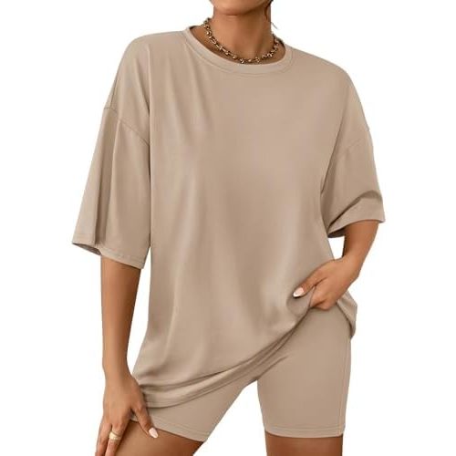 AUTOMET Womens 2 Piece Sets Summer Outfits 2025 Two Piece Lounge Set Matching Clothing Oversized Tshirts Biker Short Fashion