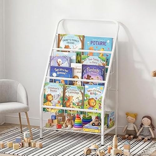 JAQ White Kids Bookshelf, 4-Tier Metal Book Display Rack for Small Spaces, Modern Toddler Bookshelf for Nursery & Playroom, Space-Saving Forward Facing Child Bookcase (28.35" Height, White)