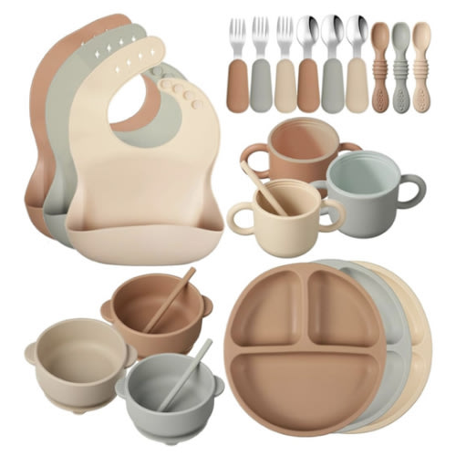 24 Pack Silicone Baby Feeding Set Baby LED Weaning Supplies Includes Suction Divided Plates Soft Bowl Spoons Forks Adjustable Bib Snack Cup and Straws(Walnut Color, Beige, Smoky Gray)
