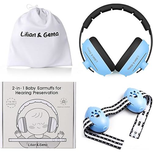 Lilian&Gema 2-in-1 Baby Ear Muffs Noise Protection, Adjustable Headphones with Stretchy Band, Noise Cancelling for Toddler up to 4 Years, Airplane Essentials/Outdoor, Black