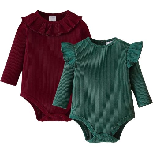ROMPERINBOX Baby Girl Bodysuit 2 Pack, Long Sleeve Ribbed Knitted Onsies Ruffle Collar and Flutter Sleeve Fall Winter Clothes