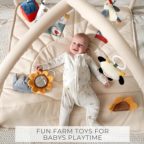 Baby Play Gym and Tummy Time Mat - Soft Mat with 5 Farm Toys Creates The Perfect Activity Area for Your Girl/Boy - Stylish Infant Floor Playmat Fits Nicely with Any Playroom Decor
