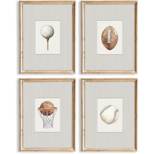 Sports Wall Art Decor Toddler Boys Room Canvas Prints Vintage Sports Nursery Wall Decor Kids Poster Football Baseball Pictures Basketball Golf Painting Artwork for Bedroom 8x10 Inch Unframed Set of 4