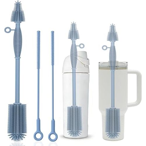Bottle Brush & Straw Cleaner Brush Set,Silicone Bottle Brush with Sturdy Handle for Water Bottles,Tumblers,Baby Bottles,Long Flexible Straw Cleaner Brush for Standard Straws(Blue)