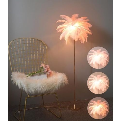 Natural Ostrich Feather Floor Lamp, 3-Way Color Temperature,Simple Modern Bedroom and Living Room Standing Lamp, Golden Lamp Body, G4-LED Bulb (Pink)