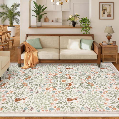 GlowSol 8x10 Washable Area Rug, Non-Slip Vintage Garden Carpet with Fox Print, Low Pile Mat for Living Room Bedroom Office, Beige