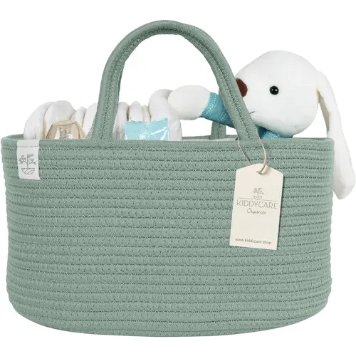 KiddyCare Diaper Caddy Organizer for Baby Nursery Basket with Handle Lid Nursing Caddy with Changing Table Organizer Cart Newborn Caddy Basil Large
