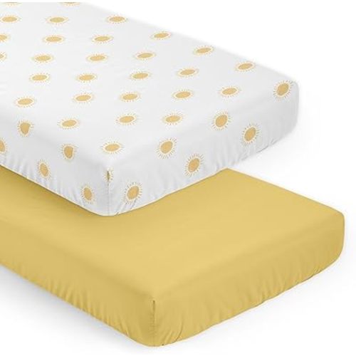 Sweet Jojo Designs 2-Piece Baby Crib Sheets Set (White & Yellow Boho Sun) for Girls or Boys, Infant Nursery, Toddler Room - Fitted, Standard Size (Solid Mustard & Celestial Sky Desert Sunshine Nature)