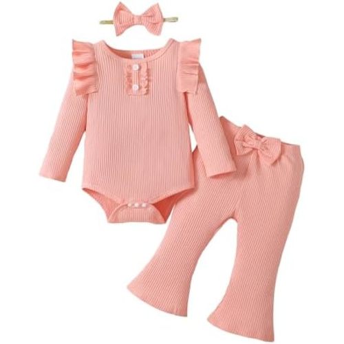Infant Baby Girls Outfit Cute Ruffle Sleeve Ribbed Knit Romper Bodysuit and Flare Pants Clothes Set 3 Piece