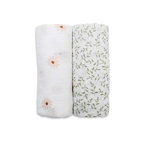 lulujo Boho Swaddle Set, Cotton Muslin Blankets, 2 Pack (Daisies & Greenery)