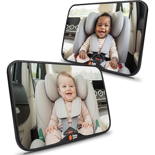 Baby Uma Baby Car Mirror (2 Pack) + Baby On Board Signs for Car - Clear-View Shatterproof Mirror, Easy On 'n Off with Stay-Put Buckles, Newborn Essentials (9.4 x 6.4 in)