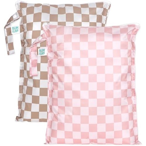 Bumkins - Waterproof Wet Bag - For Baby, Travel, Swim Suit, Cloth Diapers, Pump Parts, Pool, Gym, Toiletry, Strap to Stroller - Reusable & Easy to Clean - 2pk - Beige & Pink Check