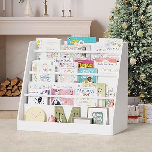 Lkeiyay Kids Bookshlef,4 Tier Montessori Bookcase Kid Room,Toddler Book Display for Classrooms,Playrooms and Nursery (White)